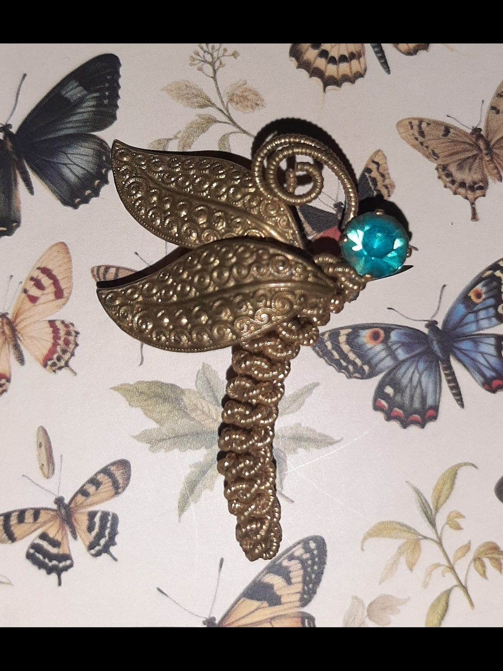Vintage Czech Dragonfly Brooch with Aqua Stone